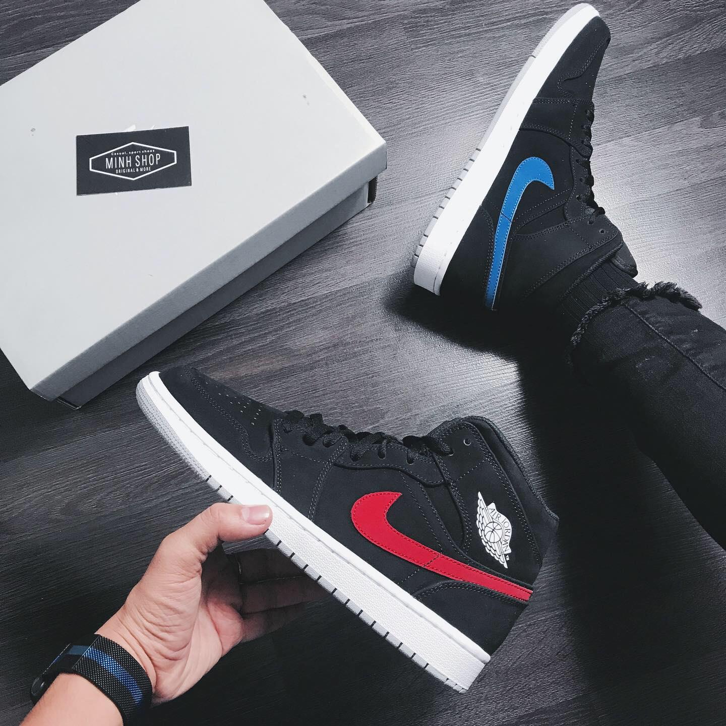 Air jordan 1 mid multicolor swoosh black sales