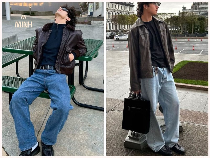 Kết hợp với áo khoác da và quần denim