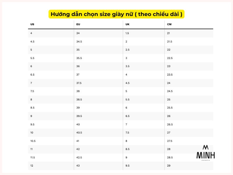 Bảng size giày Cole Haan dành cho nữ