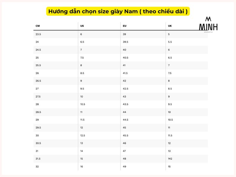Bảng size giày Cole Haan dành cho nam